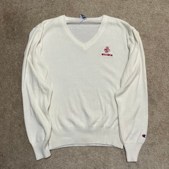 Vintage Champion Wisconsin Badgers White V-Neck Sweater XL - Picture 2 of 7